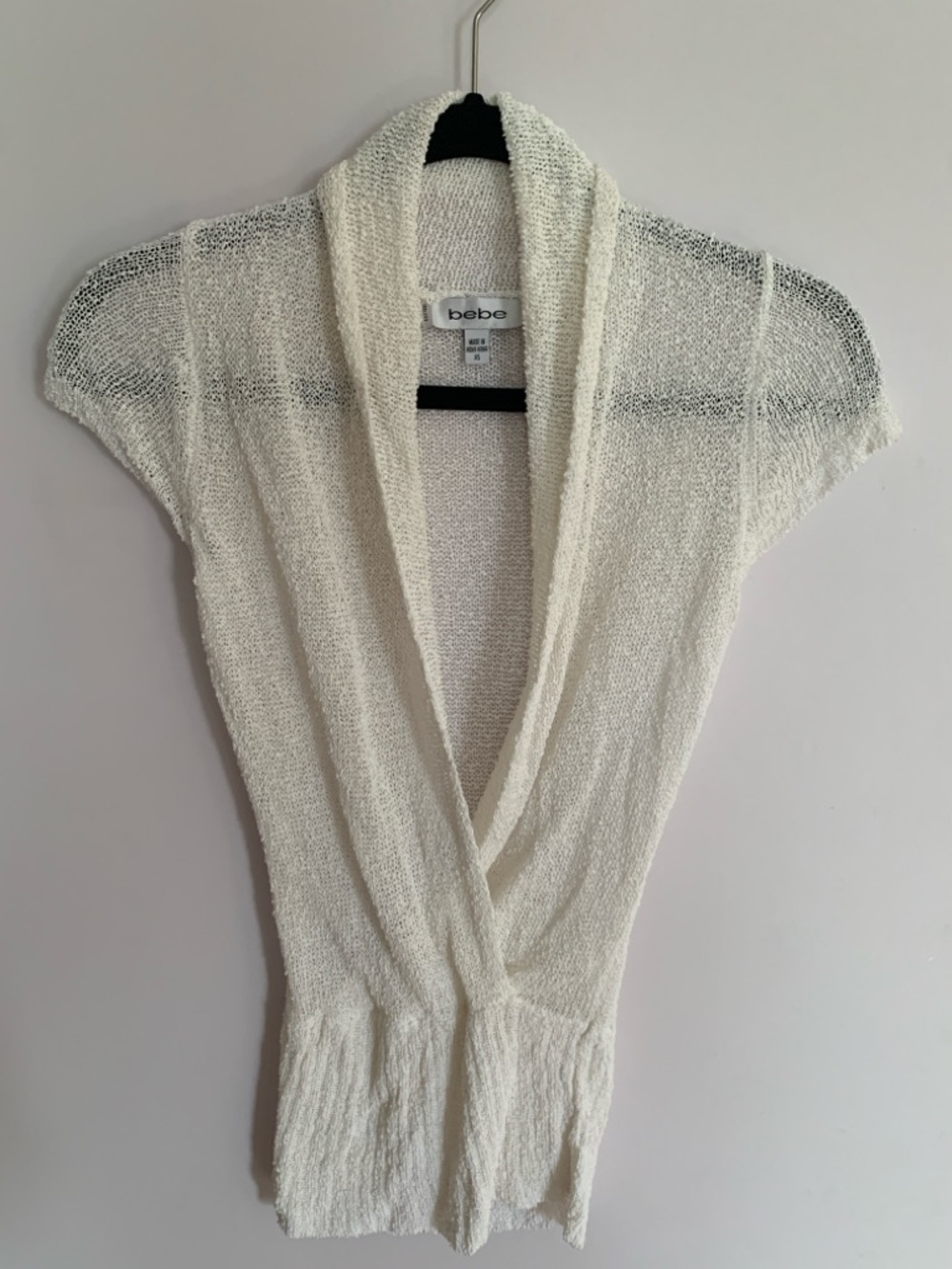 bebe Open-Front White Short Sleeve Cardigan